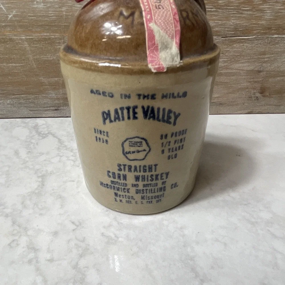 Platte Valley Straight Corn Whiskey Beige Ceramic Stoneware Liquor Jug Bottle